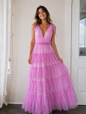 Mable Pink Tiered Tulle Pearl Detail Maxi Sleeveless Dress